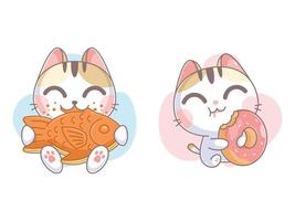 personaje de gatito comiendo bungeoppang y donut vector
