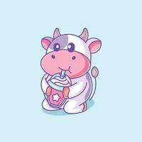 Cute cow drinking pop ice vector