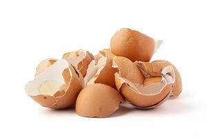 Group of broken eggshells stacked isolated on a white background. Eggshells are oval, brown, brittle and thin, easily broken. photo