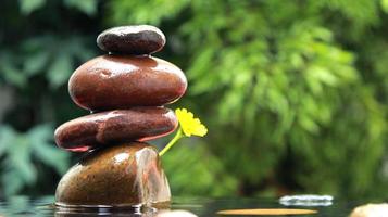 Natural stone and water drops on top in tropical forest with flowers. Empty showcase for relaxing concept. Background for peaceful products, scene with green leaves design photo