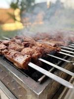 barbecue grill. coal skewer meat. fry meat outdoors. dinner photo