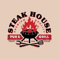 Barbecue Steak House Pub Grill Retro Vintage Hand Drawn Badge Emblem Logo Template vector