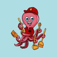 Cute funny octopus janitor cleaning service holding tools mascot logo vector