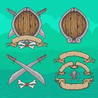 conjunto de plantilla en blanco escudo temático pirata con espada, calavera y pancarta de cinta vector