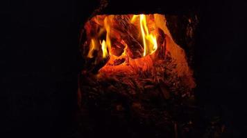 ein Feuer, das Holz in einem Brennofen verbrennt video