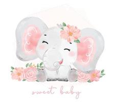 cute watercolor sweet floral baby elephant wildlife safari animal hand drawn painting illustration vector