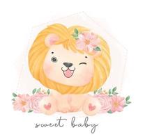 cute watercolor sweet floral baby lion wildlife safari animal hand drawn painting illustration vector