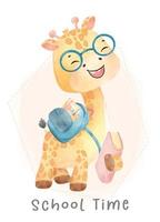 cute watercolor happy nerdy kid giraffe with school backpack and book, back to school cartoon childhood animal wildlife watercolor vector