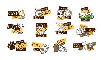 Happy international cat day. 8 August vector sticker collection illustration