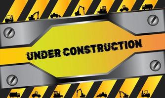 Warning Background With Metal Texture Illustration, truck, excavator and Yellow Black Lines. Caution Sign For Projects Under Construction vector