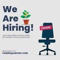 we are hiring join our team announcement banner for social media post, vacant sign on empty office chair. We're Hiring with empty office ready to be occupied by employee. Business recruiting concept. vector