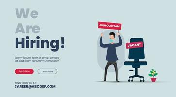 we are hiring join our team announcement web page with vacant sign on office chair. a boy wearing mask holding board with join our team text. Business recruiting concept. Vector illustration.