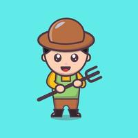 Cute cartoon character farmer vector design  with fork. Cartoon character of young farmer in green overall, yellow sweater, boots and straw hat. Little gardener. Smiling boy with shiny eyes and freck