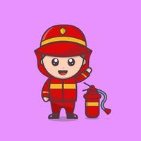 feliz lindo bombero inteligente. ilustración de icono de vector de dibujos animados de personaje de bombero. vistiendo trajes de bomberos y saludando aislados con casco de bomberos y extintor de incendios.