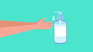 Using a sanitizer dispenser to prevent covid-19 infections 4K animation. Man using sanitizer to wash his hand concept 4K footage. Sanitizer bottle with medical icon and hands with foam animation. video