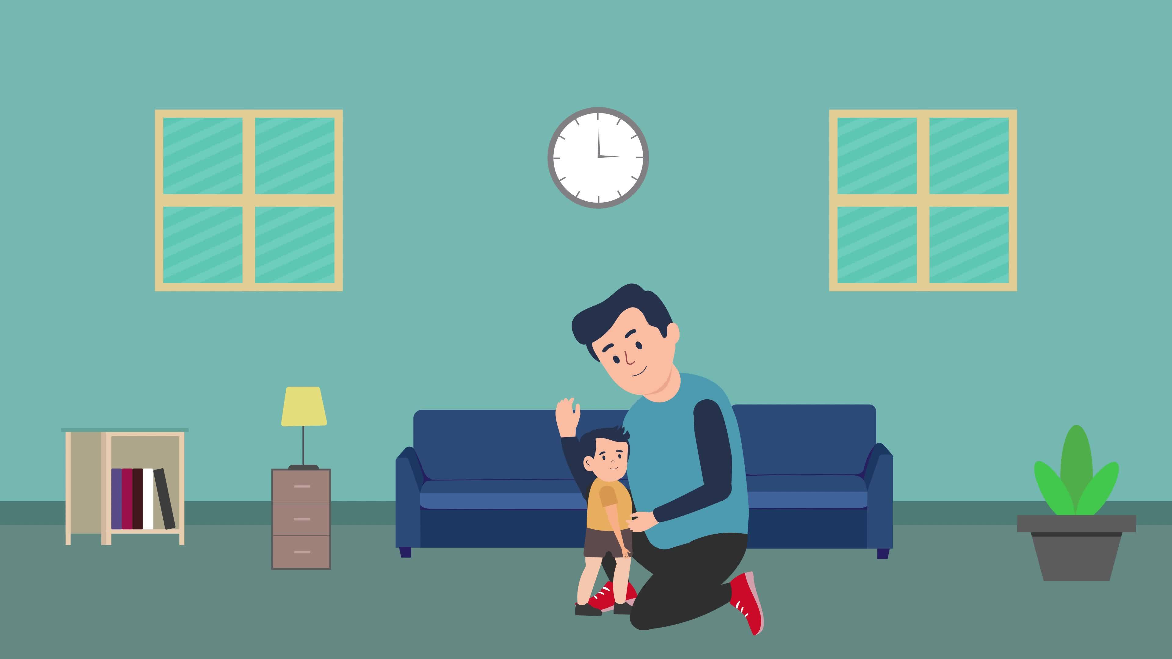 Father and son hugging each other 4K animation. House interior with man  flat character 4K footage. Home interior with a sofa, wall clock,  bookshelf, and flat male character hugging animated video. 8249814