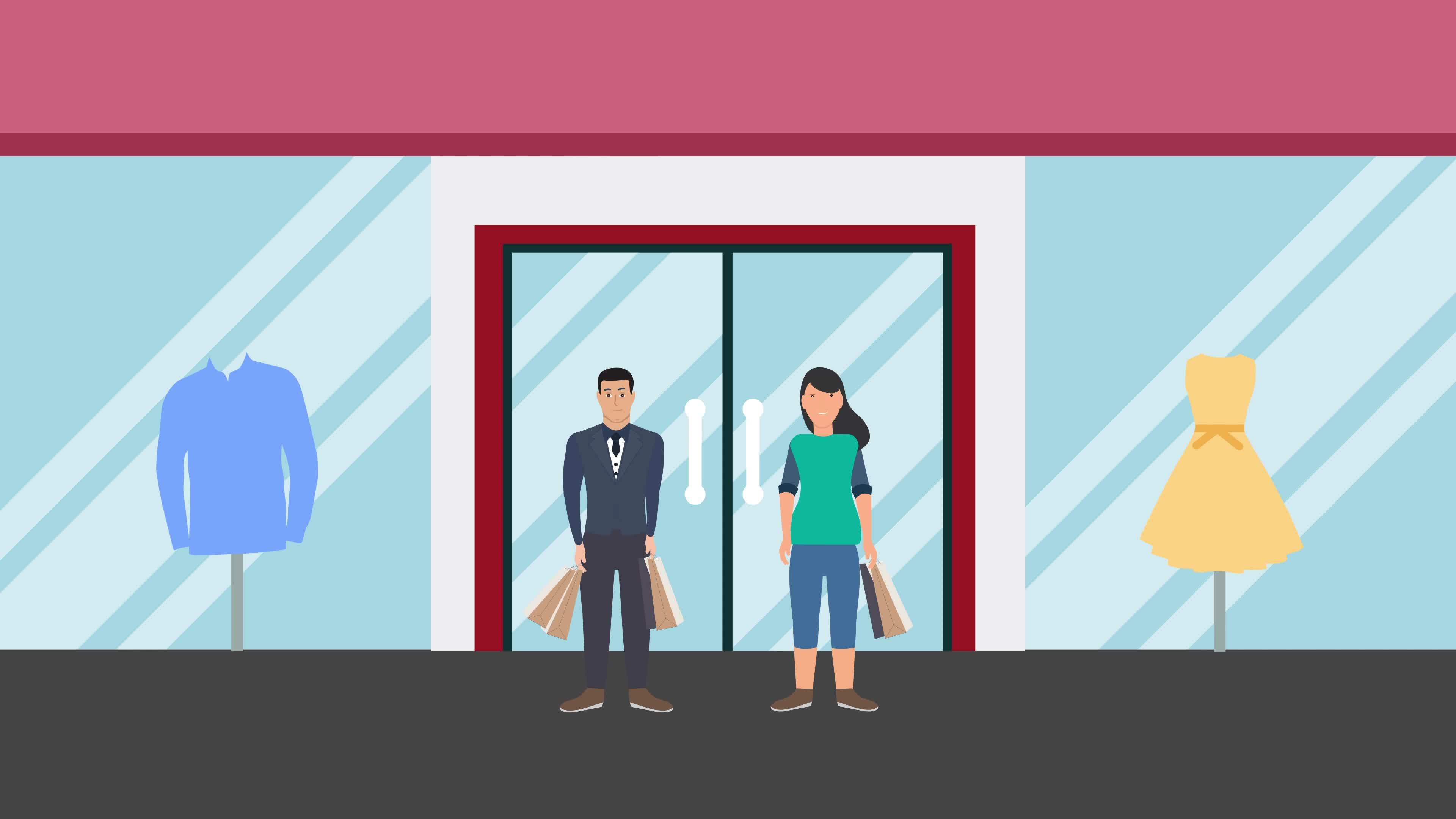 Customer buying dresses from a store 4K animation. Happy customer with  shopping bags in front of a clothing store 4K footage. Couple doing  shopping together in a cloth store animated video. 8249815
