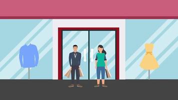 Customer buying dresses from a store 4K animation. Happy customer with shopping bags in front of a clothing store 4K footage. Couple doing shopping together in a cloth store animated video. video