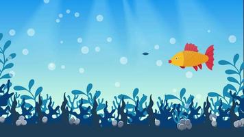 Fish eating food animation inside the water and coral leaves. Blue ocean water with air bubbles and coral leaves 4K footage. Colorful sea fish flat design with a coral reef and stones animated video.