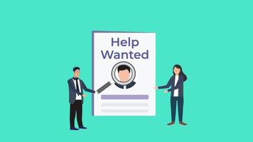 Help wanted animation with two businessmen. Employee searching for a new worker with a big magnifying glass 4K footage. Searching for wanted person, Business recruitment concept animated video. video