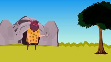 hombre de las cavernas dibujando en una animación de personajes planos de piedra. hombre prehistórico con una cueva de piedra y un gran árbol 4k imágenes. grande y peludo cavernícola dibujando en la pared con una piedra en la mano video animado.