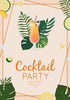 Summer alcoholic drink, tropical cocktail. Tequila sunrise.. Beach party concept. Beautiful greeting card, invitation for summer party. Flat vector illustration