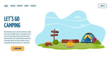 paisaje de verano en el bosque. camping de verano, senderismo, camper, concepto de tiempo de aventura. ilustración de vector plano para cartel, pancarta, volante.