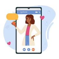 A female nutritionist on the smartphone screen. Online course. Nutrition and diet therapy, medical consultation online. vector