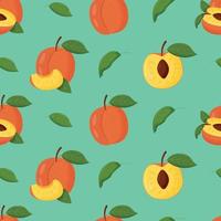 Orange peaches with green leaves seamless pattern. Flat vector illustration.