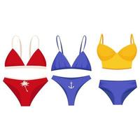 Collection of women's swimwear. Set of fashionable swimsuits or bikini tops and bottoms. Women's swimsuits for summer vacation. vector