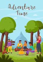 Friends relax in nature. Summertime camping, hiking, camper, adventure time concept. Flat vector illustration for poster, banner, flyer.