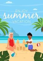 Summer vacation concept background. Beautiful summer beach landscape with sea, palm trees, sand castle. Children are building a sand castle. Flat vector illustration for poster, banner, flyer