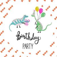 Vector illustration for Birthday partry. Cheerful print with dinos, gift, balloons and Birthday party lettering. Cute illustration for invitation cards, textile and party decorations.