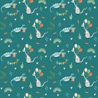 Cute dinosaur birthday seamless pattern. Abstract print for kids party and baby shower. Vector background for decorating nursery, fabric, wrapping paper.