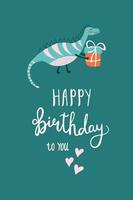 tarjeta de feliz cumpleaños. linda ilustración vectorial con letras de dinosaurio, regalo y felicitaciones. divertida idea colorida para felicitaciones. vector
