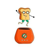 Cute cartoon character. Vector illustration of toaster spidered out a piece of bread. Funny person for merch design, menu, emblems.