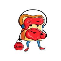 Cute cartoon character. Vector illustration of toast with jam. Funny person for merch design, menu, emblems.