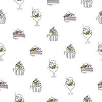 Seamless pattern with line art style desserts - cake, pie, ice cream. Vector texture on white background. Cute minimalistic illustration for fabric, textile, wrapping, scrapbooking.