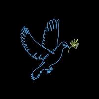 Symbol of peace with colors of Ukranian flag on black backdrop. Support of Ukraine concept. Continuous line dove with olive branch. vector