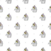 Seamless pattern with line art style cupcake. Vector texture in gentle colors. Cute minimalistic illustration for menu, paper, fabric, textile, wrapping, scrapbooking.