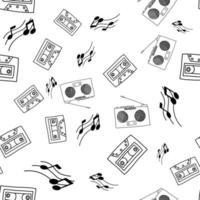 black and white pattern of a radio recorder with cassettes and notes in the style of a doodle. vector