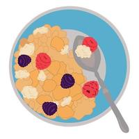 vector illustration, a bowl with a spoon, grain rings and berries for breakfast on a white background.