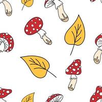 seamless endless autumn vector pattern.leaves and mushrooms of fly agaric.