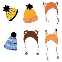 a set of cute hats in the kartun style, with ears and a pompom, on a white background. vector