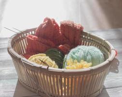 knitting yarn in a basket. knit in progress. hobby and handcraft for relaxation. photo