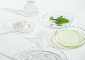 Cosmetic skincare. Herbal medicine with green leaves. Natural sunlight. Chemical glassware, petri dishes, vials. Natural skincare photo