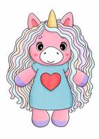 Cute baby unicorn with colorful hair and heart vector