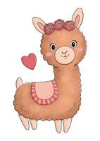 Cute alpaca with heart and flowers for postcard vector