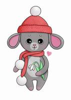 Mouse in red hat and scarf with flowers vector illustration