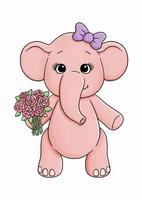 Pink elephant in purple bow with pink flowers vector illustration